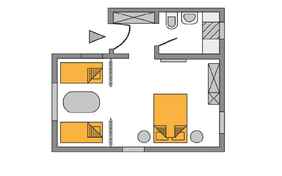 Grundriss Zimmer Typ A (2 Erw. + 2 Kinder / 1 Erw. + bis zu 3 Kinder)